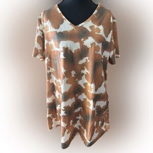L&B Women's‎ Western Brown and White Tie-Dye Cow Print Tunic Size Medium